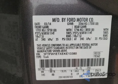 2014 Ford F150 Supercrew z USA, uszkodzony, nr VIN 1FTFW1ETXEKE13380